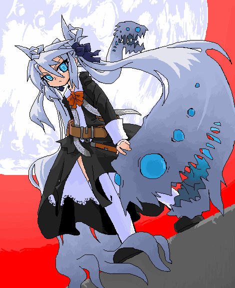 mof, mof's silver haired twintailed girl, original, silver hair, 1girl, belt, blue eyes, bow, female focus, full moon, hair bow, living hair, long hair, moon, oekaki, outdoors, sky, solo, standing, twintails, very long hair