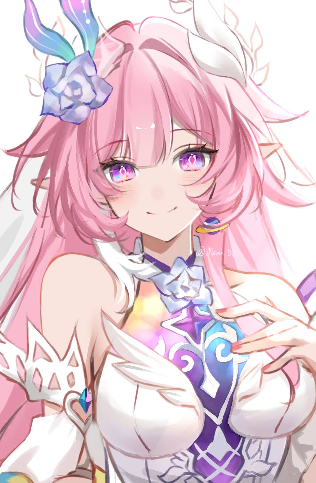 memi 58, cyrene (honkai: star rail), cyrene (ripples of past reverie) (honkai: star rail), honkai: star rail, honkai (series), highres, 1girl, bare shoulders, breasts, detached sleeves, diamond-shaped pupils, diamond (shape), earrings, flower, hair flower, hair ornament, halo, hand on own chest, jewelry, large breasts, long hair, looking at viewer, multicolored hair, pink hair, pink nails, pointy ears, purple eyes, simple background, smile, solo, symbol-shaped pupils, two-tone hair, very long hair, white background, white hair