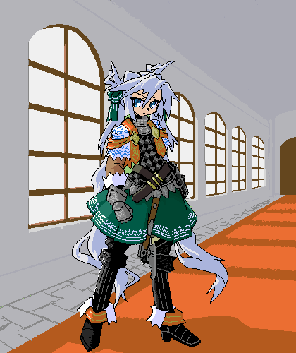 mof, mof's silver haired twintailed girl, original, silver hair, lowres, 1girl, armor, arms at sides, belt, black boots, blue eyes, boots, bow, carpet, clenched hand, closed mouth, day, female focus, full body, gauntlets, green bow, green skirt, hair between eyes, hair bow, hallway, indoors, long hair, long sleeves, looking at viewer, oekaki, skirt, solo, standing, sunlight, thigh boots, thighhighs, tsurime, twintails, very long hair, window
