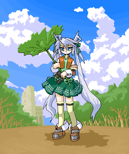 mof, mof's silver haired twintailed girl, original, silver hair, lowres, blue eyes, bow, forest, full body, hair bow, long hair, nature, oekaki, outdoors, skirt, solo, thighhighs, twintails, very long hair, zettai ryouiki