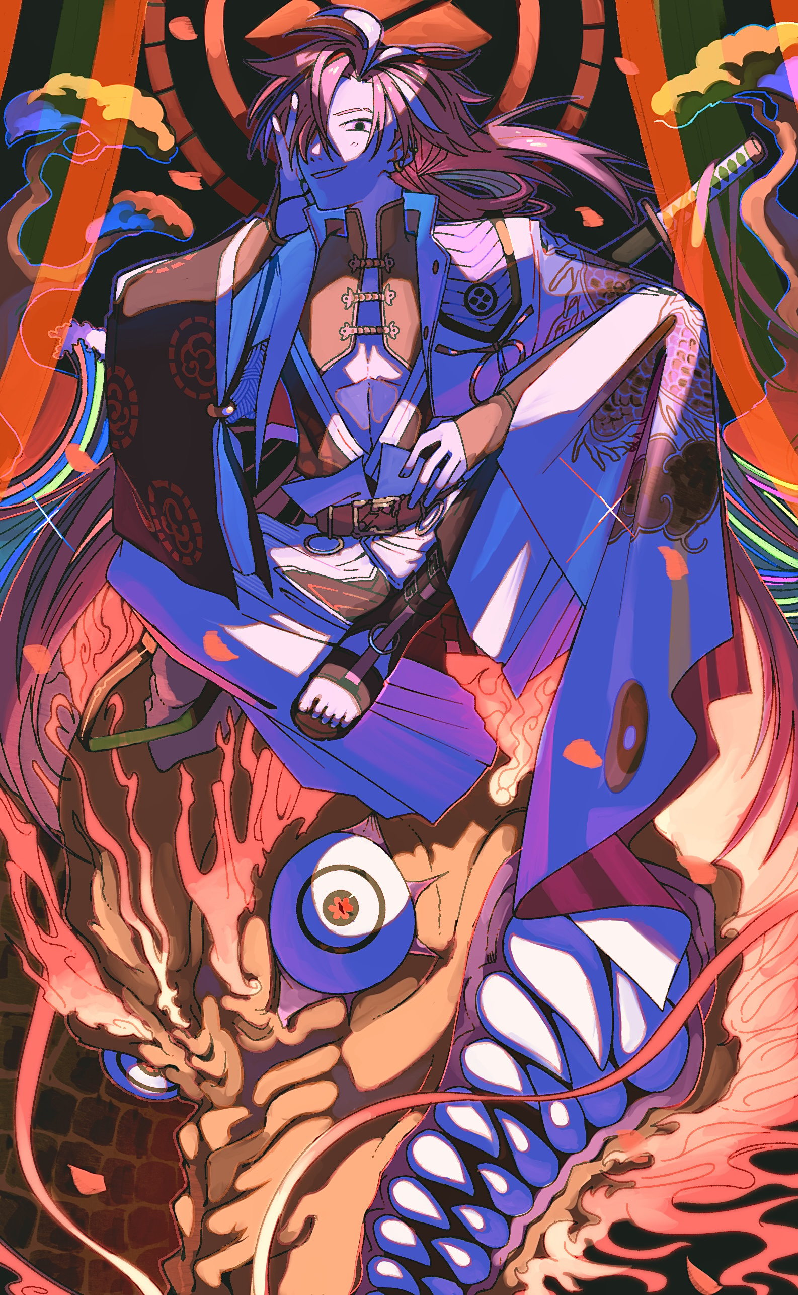 igurumi 00128, takasugi shinsaku (fate), fate/grand order, fate (series), absurdres, highres, 1boy, abs, branch, dragon print, hair over one eye, long hair, long sleeves, looking at viewer, male focus, monster, multicolored hair, open mouth, ponytail, sitting, streaked hair, very long hair