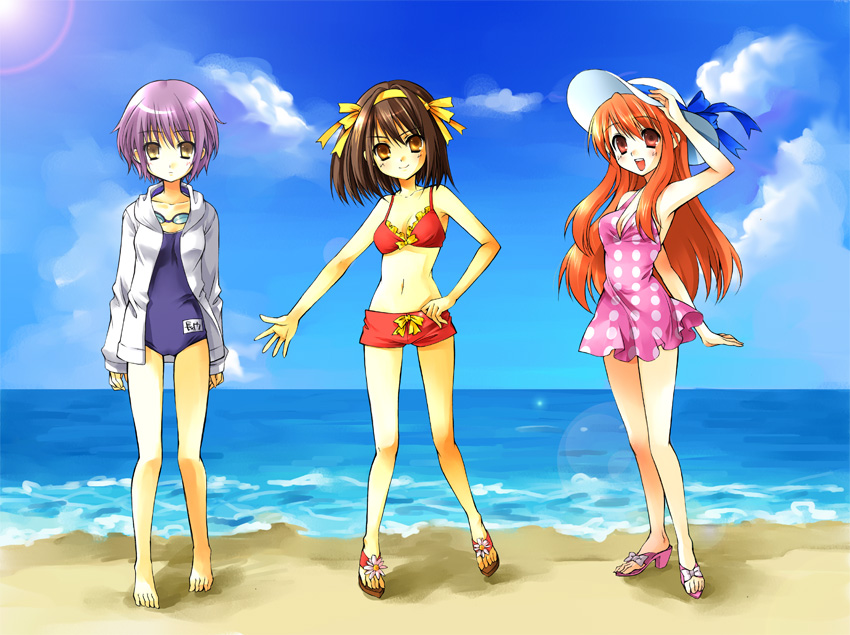 kagetsu suzu, asahina mikuru, nagato yuki, suzumiya haruhi, suzumiya haruhi no yuuutsu, 00s, 3girls, beach, bikini, bikini top only, brown hair, day, dress, hat, jacket, multiple girls, name tag, one-piece swimsuit, outdoors, polka dot, polka dot dress, sandals, school swimsuit, short hair, swimsuit