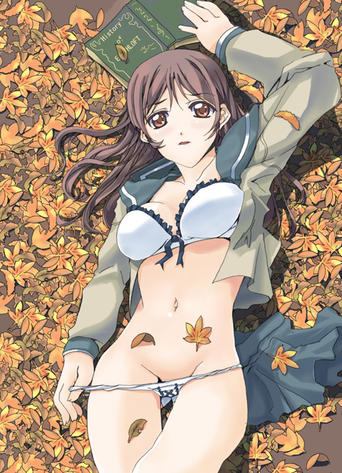 amaya yuu, original, book, bra, brown eyes, brown hair, leaf, lingerie, lying, no pants, on back, open clothes, open shirt, panties, panty pull, school uniform, serafuku, shirt, solo, underwear