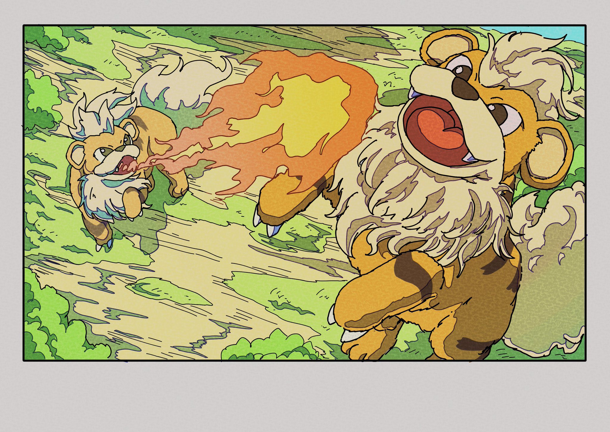 onamuzi illust, growlithe, nintendo, pokemon, highres, animal focus, blue sky, breath weapon, breathing fire, fangs, fire, gen 1 pokemon, grass, no humans, open mouth, orange fur, outdoors, pokemon (creature), pokemon focus, sky, smile, tail, tongue