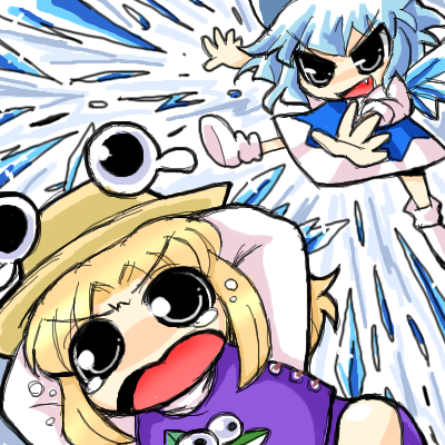 cirno, moriya suwako, pyonta, touhou, white legwear, lowres, 2girls, angry, animal print, blonde hair, blue bow, blue dress, blue hair, bow, chibi, chibi only, child, dress, female focus, frog print, hair bow, hat, ice, ice wings, long sleeves, multiple girls, puffy short sleeves, puffy sleeves, purple dress, short hair, short sleeves, tears, white sleeves, wings