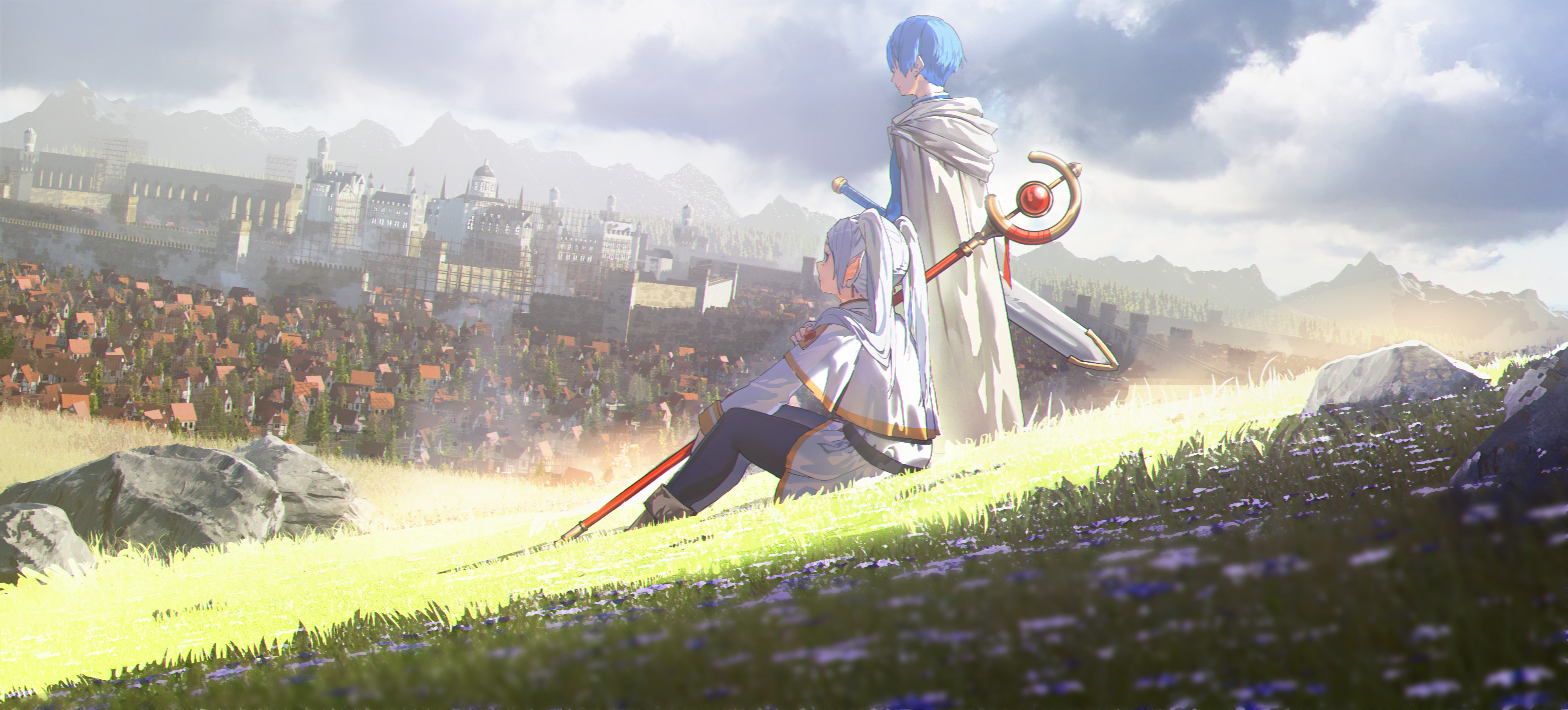 1311422471, frieren, himmel (sousou no frieren), sousou no frieren, absurdres, commentary request, highres, 1boy, 1girl, blue hair, blue tunic, building, capelet, city, cloak, cloud, dwarf, elf, grass, holding, holding staff, long hair, mage staff, outdoors, pointy ears, rock, short hair, sitting, staff, standing, tunic, twintails, white capelet, white cloak, white hair, wide shot