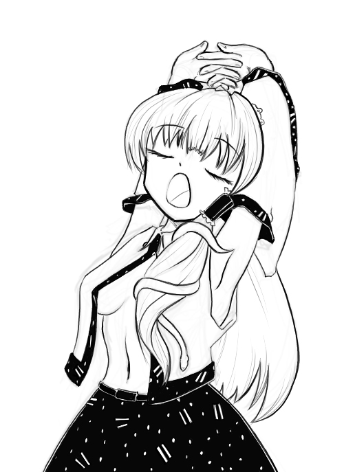 kochiya sanae, touhou, 1girl, arms up, breasts, female focus, greyscale, hair tubes, monochrome, navel, open clothes, open mouth, open shirt, shirt, single hair tube, solo, stretching, yawning