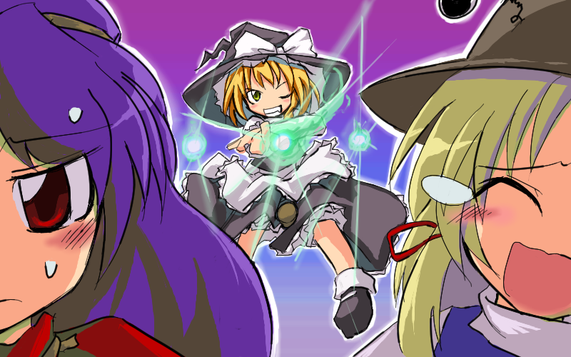 neki-t, kirisame marisa, moriya suwako, yasaka kanako, touhou, 3girls, blonde hair, closed eyes, crying, electricity, extra eyes, female focus, hat, multiple girls, purple hair, red eyes, short hair, sweatdrop, teardrop, tears, upper body, wince, witch hat
