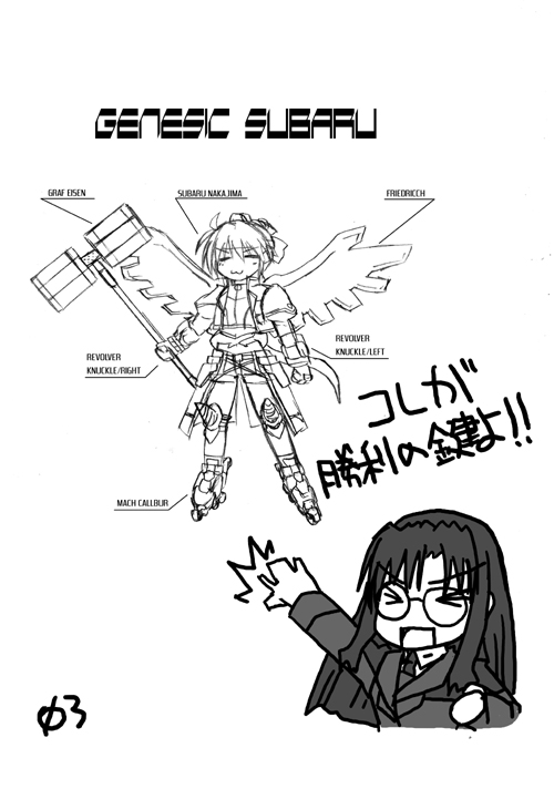 yamaura tamaki, friedrich (nanoha), gaogaigar, genesic gaogaigar, graf eisen, mach caliber, revolver knuckle, shario finieno, subaru nakajima, lyrical nanoha, mahou shoujo lyrical nanoha, mahou shoujo lyrical nanoha strikers, yuusha ou gaogaigar, yuusha series, translated, > <, 2girls, :3, borrowed weapon, closed eyes, fusion, gauntlets, glasses, goldion hammer, greyscale, hammer, headband, inline skates, jacket, magical girl, mecha musume, midriff, military, military uniform, monochrome, multiple girls, open clothes, open jacket, parody, roller skates, skates, waist cape, wings