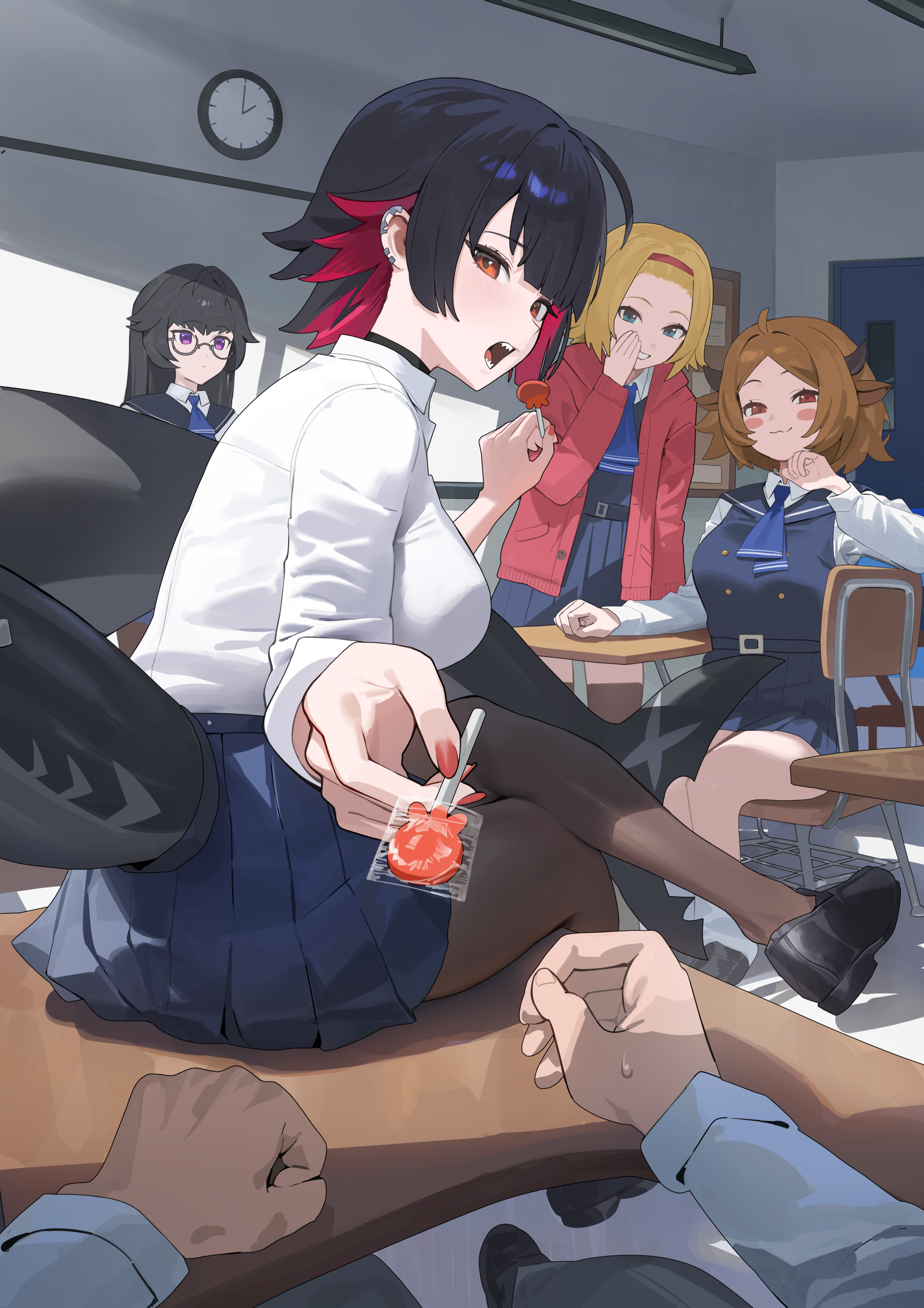 hood (james x), ellen joe, ellen joe (on campus), lynn (zenless zone zero), monna (zenless zone zero), ruby (zenless zone zero), zenless zone zero, absurdres, commentary request, highres, 1boy, 4girls, animal ears, black choker, black hair, black pantyhose, black shoes, blonde hair, blue necktie, blue skirt, blue vest, breasts, brown hair, candy, cardigan, choker, classroom, colored inner hair, cow ears, desk, food, green eyes, holding, holding candy, holding food, holding lollipop, indoors, large breasts, lollipop, multicolored hair, multiple girls, necktie, on desk, open mouth, pantyhose, pleated skirt, pov, purple eyes, reaching, reaching towards viewer, red cardigan, red eyes, red hair, school desk, shark girl, sharp teeth, shirt, shoes, sitting, skirt, smug, teeth, vest, white shirt