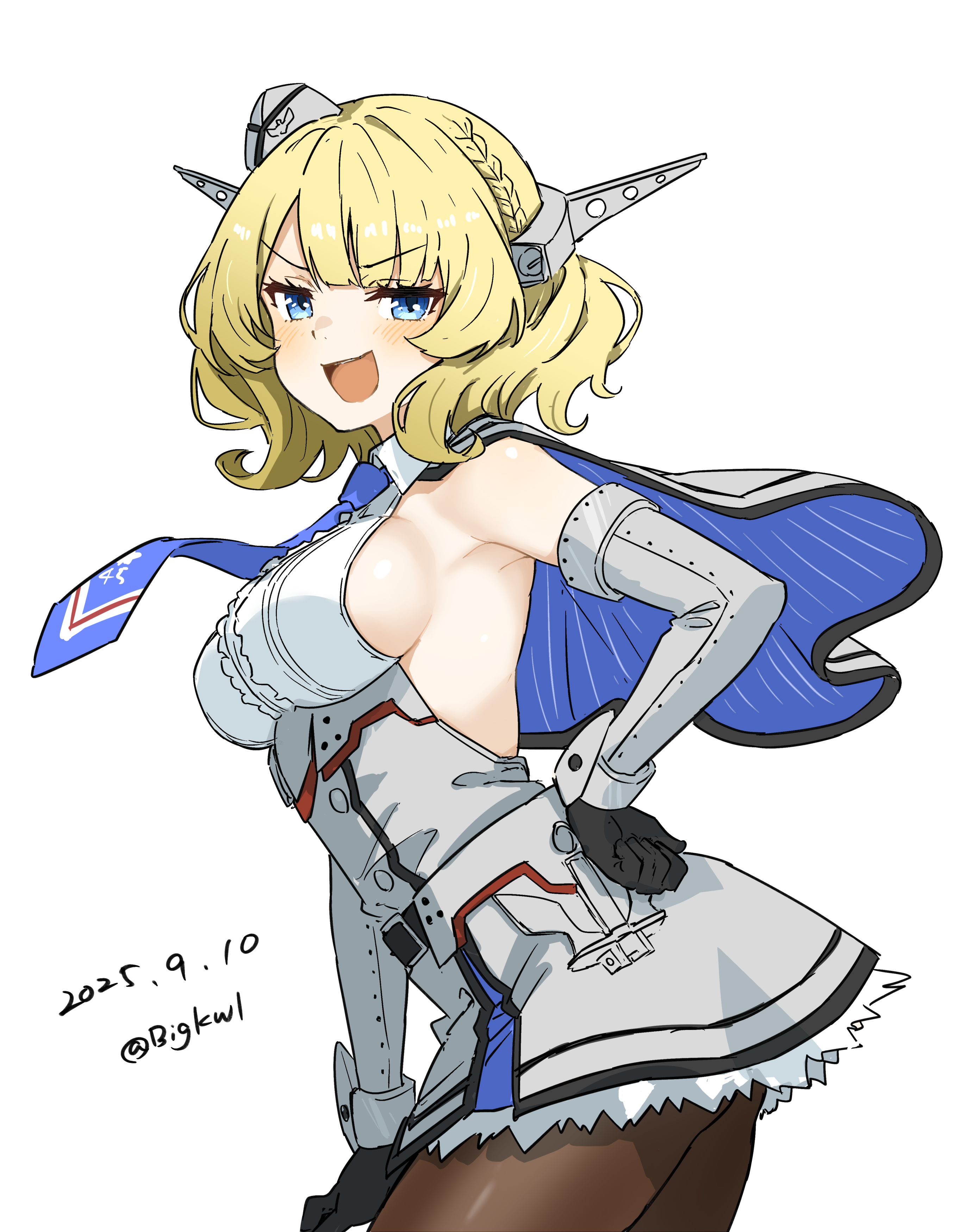 bigkwl, colorado (kancolle), kantai collection, absurdres, highres, 1girl, blonde hair, blue eyes, blue necktie, braid, breasts, capelet, cowboy shot, dated, elbow gloves, garrison cap, gloves, grey capelet, grey gloves, grey hat, hat, headgear, large breasts, necktie, open mouth, pantyhose, shirt, short hair, side braids, sideboob, sideless shirt, sleeveless, solo, twitter username, white shirt