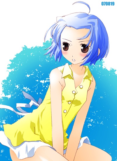 noto (soranoto), 1girl, ahoge, bare shoulders, between legs, blue hair, buttons, collarbone, female focus, hand between legs, red eyes, seiza, shirt, short hair, sitting, skirt, sleeveless, sleeveless shirt, solo, white skirt