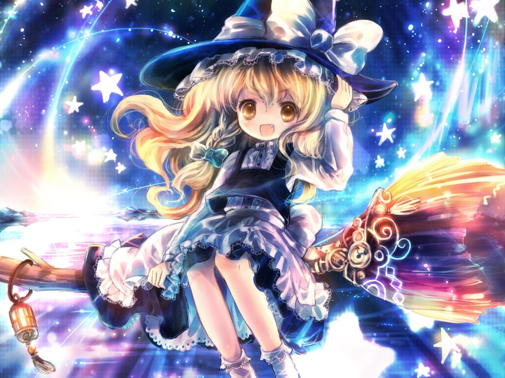 onineko, kirisame marisa, touhou, 1girl, blonde hair, braid, broom, broom riding, fang, female focus, glowing, hand on headwear, hat, long hair, no nose, open mouth, sidesaddle, smile, solo, star (symbol), witch, witch hat, yellow eyes