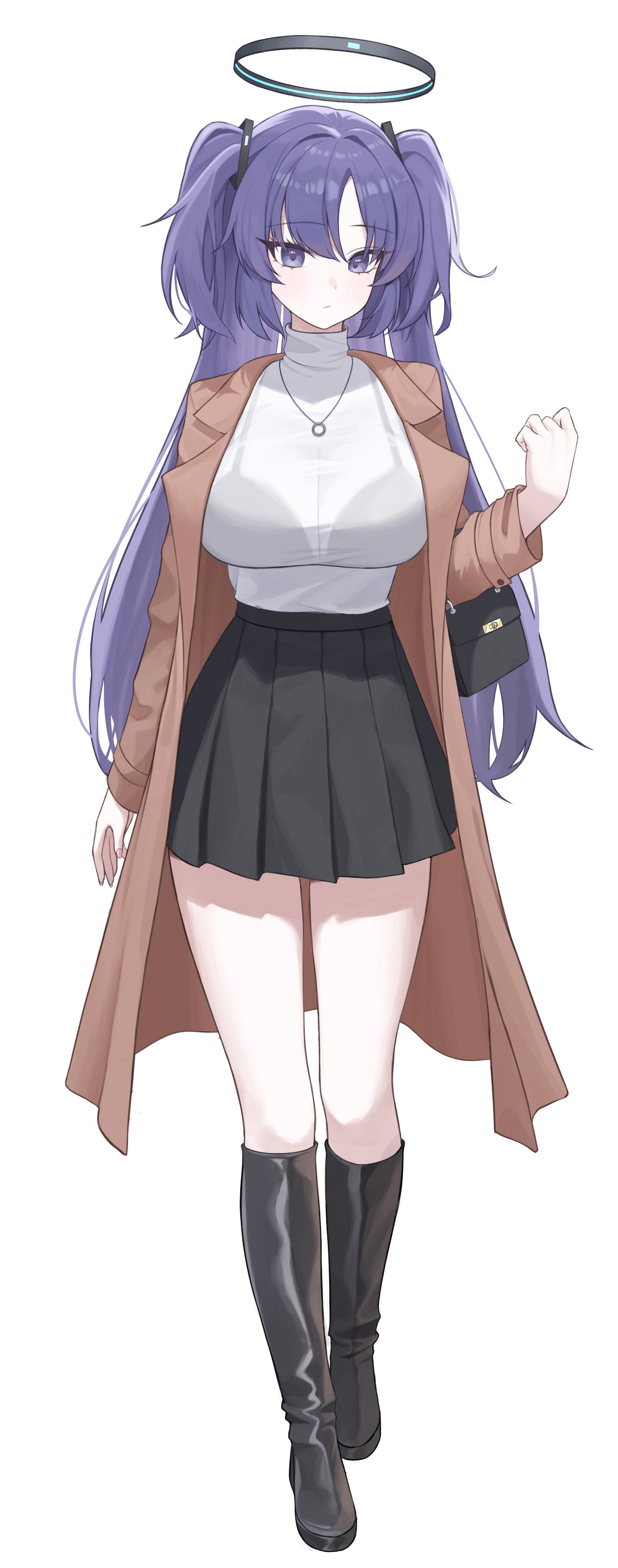 seungju, yuuka (blue archive), blue archive, absurdres, highres, 1girl, alternate costume, black halo, brown coat, coat, full body, hair ornament, halo, mechanical halo, purple eyes, purple hair, see-through cleavage, see-through clothes, simple background, solo, triangle hair ornament, white background