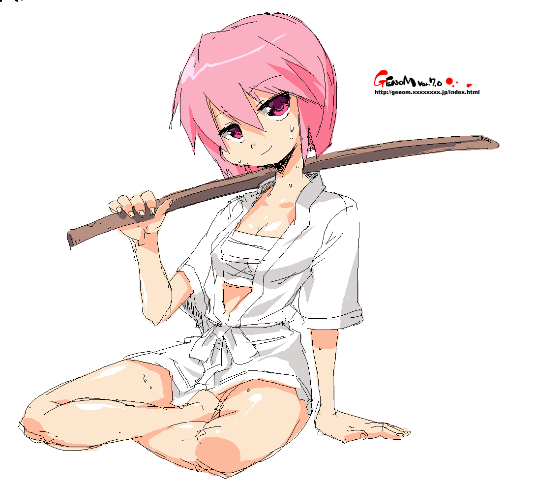 onija tarou, bokken, oekaki, pink eyes, pink hair, sarashi, short hair, solo, sweat, sword, weapon, wooden sword