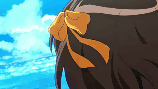 suzumiya haruhi, lucky star, suzumiya haruhi no yuuutsu, animated, animated gif, anime screenshot, lowres, 00s, 1girl, brown hair, day, female focus, one-piece swimsuit, outdoors, short hair, sky, solo, swimsuit, white one-piece swimsuit