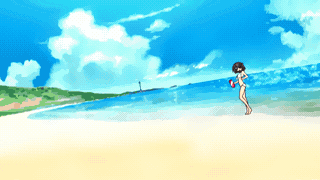 suzumiya haruhi, lucky star, suzumiya haruhi no yuuutsu, animated, animated gif, anime screenshot, lowres, 00s, 1girl, beach, bikini, bouncing breasts, breasts, brown hair, day, female focus, medium breasts, one-piece swimsuit, outdoors, short hair, sky, solo, swimsuit, white bikini, white one-piece swimsuit