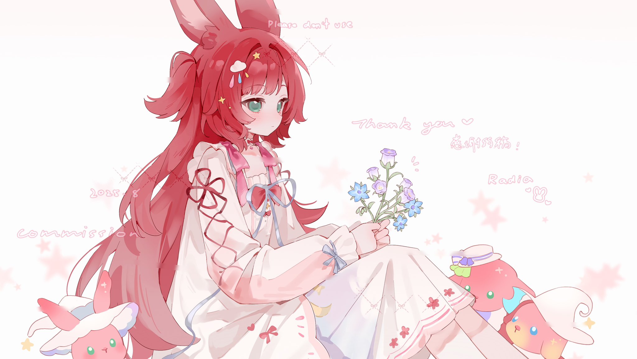 cyano, original, commission, highres, 1girl, animal ear fluff, animal ears, blue flower, bow, closed mouth, cross-laced clothes, cross-laced sleeves, dress, feet out of frame, flower, green eyes, hair ornament, holding, holding flower, long hair, long sleeves, puffy long sleeves, puffy sleeves, rabbit ears, rabbit girl, red bow, red hair, ribbon, sitting, solo, star (symbol), thank you, two side up, very long hair, virtual youtuber, white background, white dress