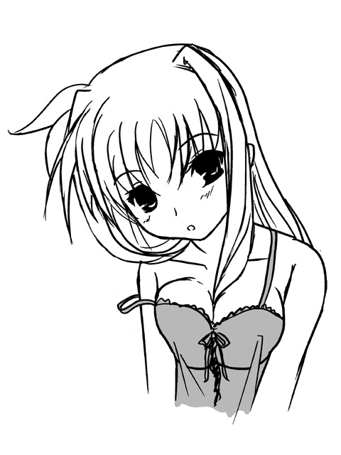 frapowa, fate testarossa, lyrical nanoha, mahou shoujo lyrical nanoha, mahou shoujo lyrical nanoha strikers, 00s, 1girl, breasts, camisole, cleavage, female focus, greyscale, looking at viewer, monochrome, ribbon, simple background, solo, strap slip, upper body, white background