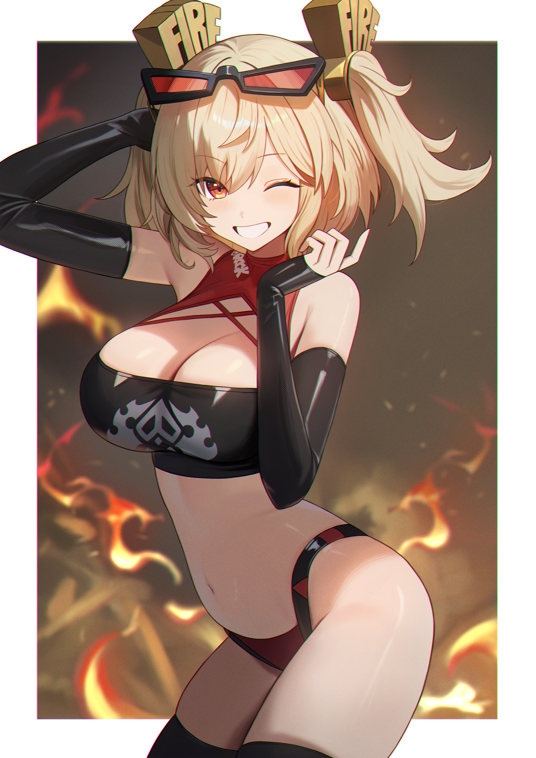 melreon, burnice white, zenless zone zero, absurdres, commentary, highres, 1girl, black sleeves, black thighhighs, black tube top, blonde hair, border, breasts, cleavage, clenched teeth, detached sleeves, eyewear on head, large breasts, looking at viewer, navel, one eye closed, panties, red-tinted eyewear, red eyes, red panties, stomach, strapless, teeth, thighhighs, tinted eyewear, tube top, two side up, underwear, white border