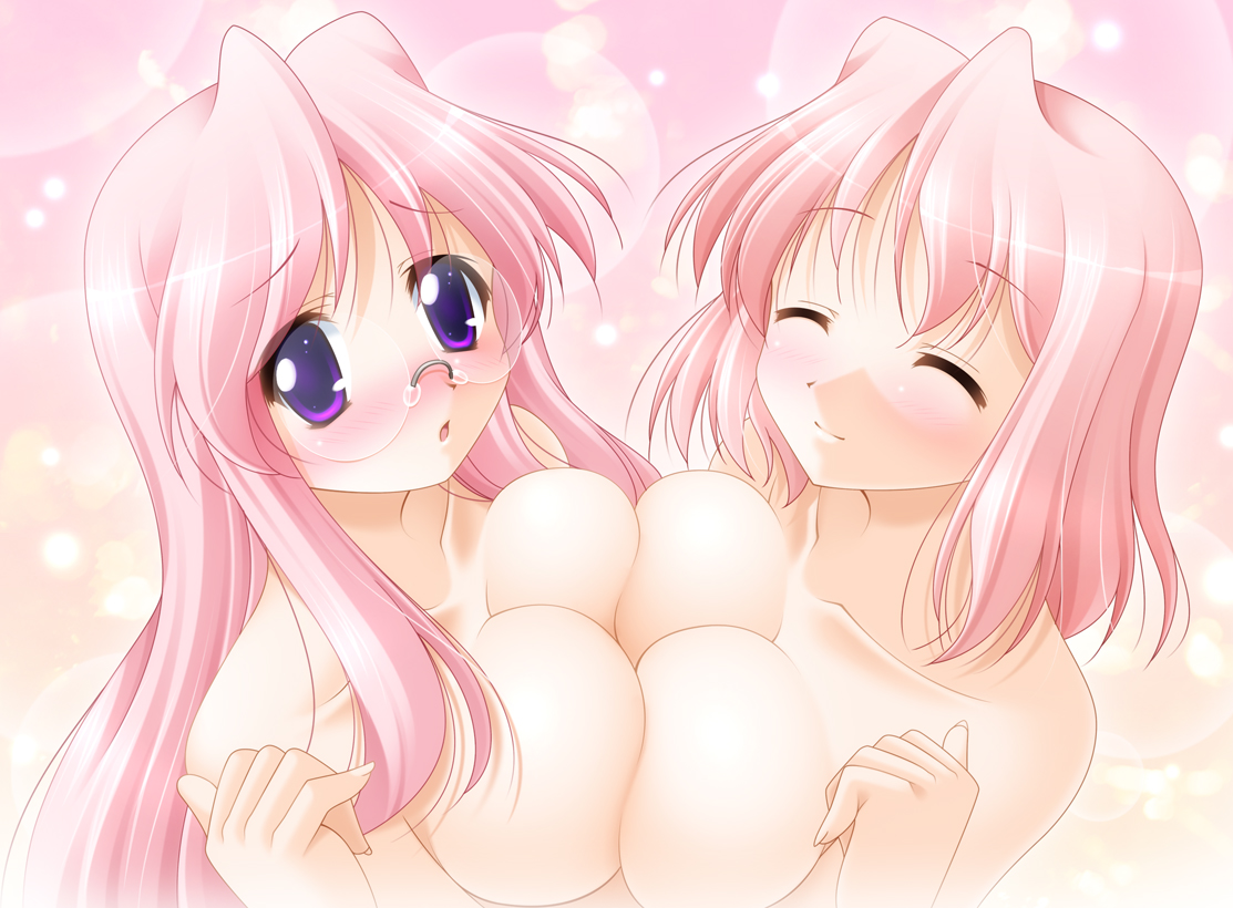 narutaki shin, takara miyuki, takara yukari, lucky star, 00s, 2girls, ^ ^, age difference, bare shoulders, blush, breast press, breasts, cleavage, closed eyes, glasses, huge breasts, incest, large breasts, long hair, mature female, mother and daughter, multiple girls, pink hair, purple eyes, short hair, symmetrical docking, topless female, upper body, yuri