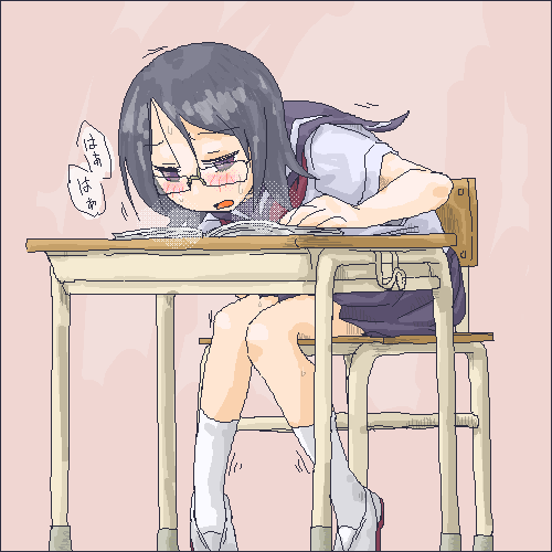 fujiyoshi harumi, sayonara zetsubou sensei, lowres, 00s, 1girl, blush, desk, female focus, glasses, implied masturbation, oekaki, pornography, school uniform, serafuku, solo, sweat, trembling, yaoi (object)