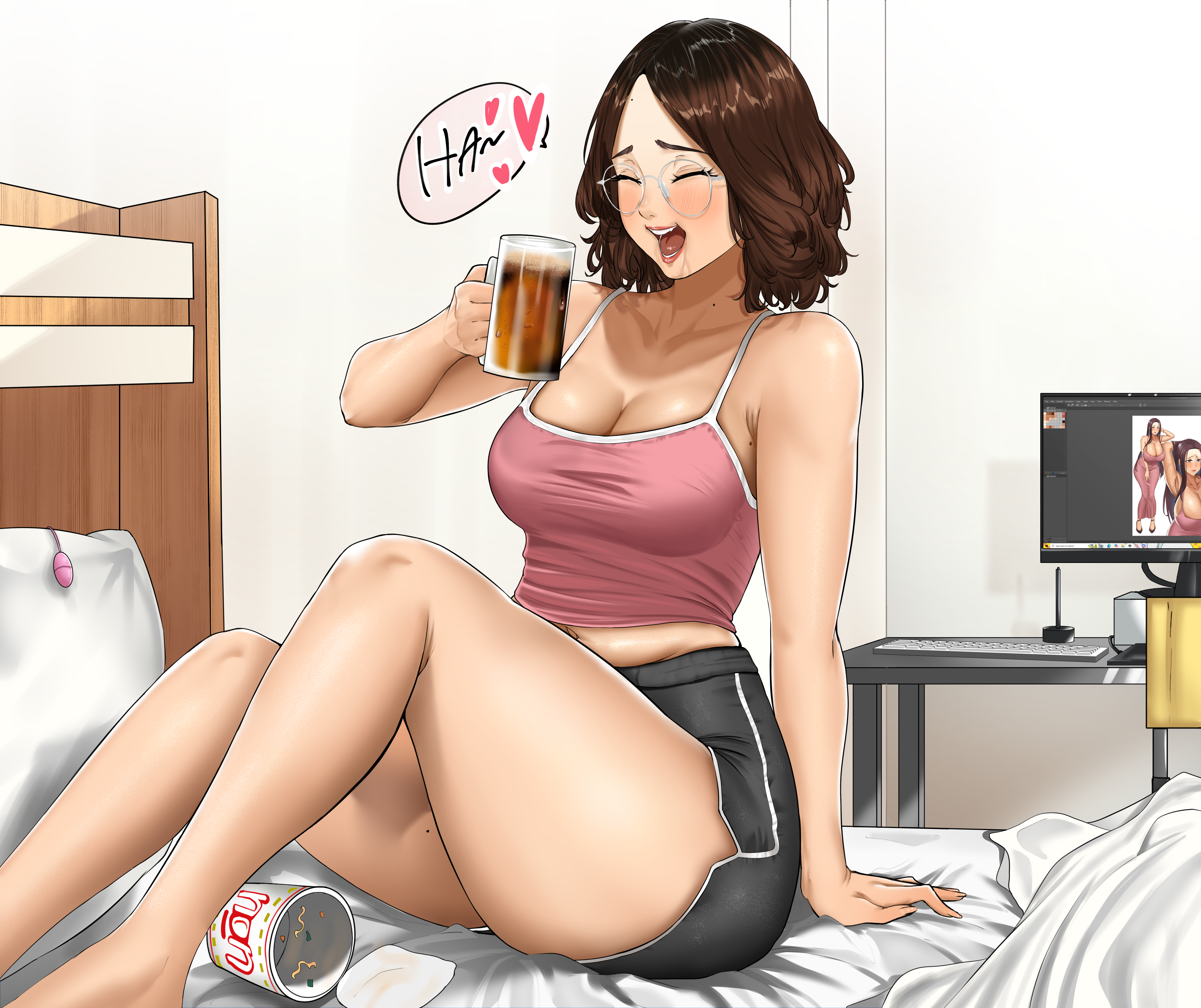 n0n 001, original, absurdres, highres, bed, bedroom, beer mug, blush, breasts, cup, drawing (object), egg vibrator, glasses, indoors, mature female, mug, nissin cup noodle, on bed, pillow, round eyewear, sex toy, tank top, vibrator