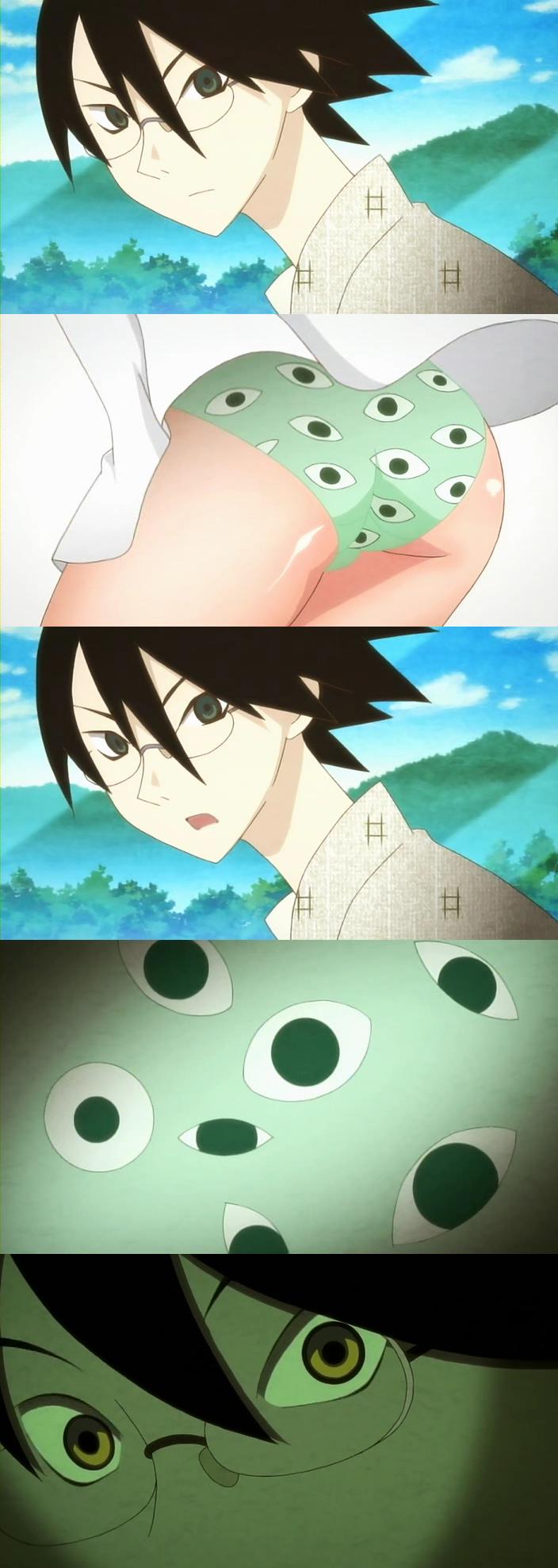 itoshiki nozomu, sayonara zetsubou sensei, anime screenshot, highres, long image, tall image, 00s, 1boy, 1girl, ass, nature, outdoors, panties, scared, sequential, sky, underwear