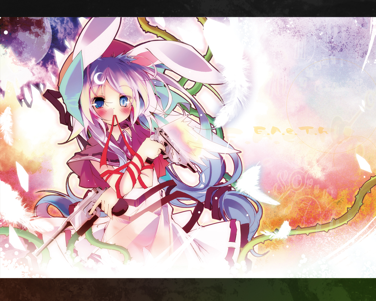 kamiya yuu, shiro (e.a.r.t.h), e.a.r.t.h, 1girl, animal ears, blue eyes, dual wielding, feathers, female focus, gun, handgun, holding, letterboxed, long hair, mauser c96, pistol, purple hair, rabbit ears, solo, weapon