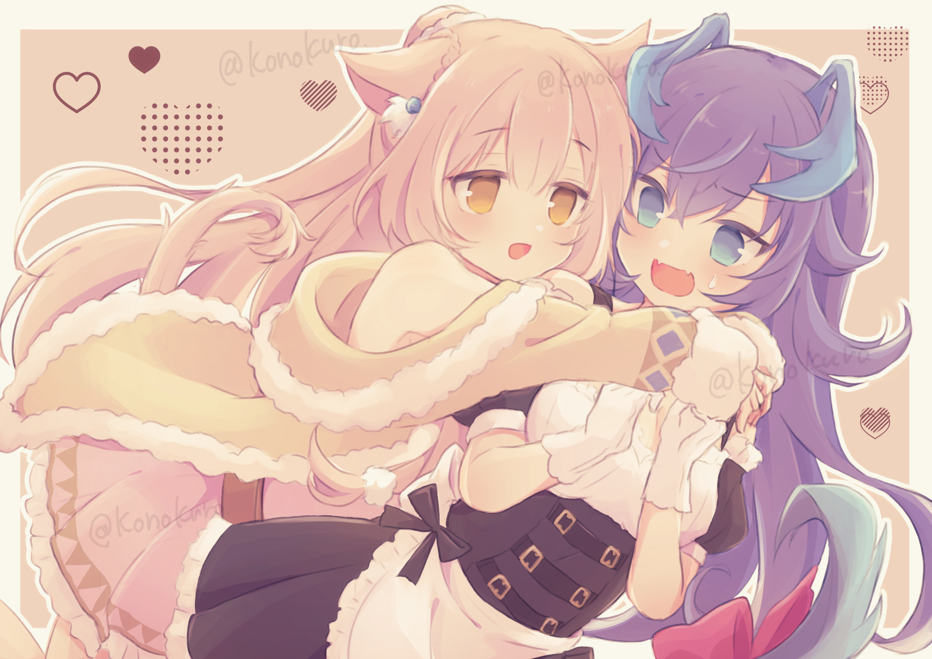 konoquro, original, highres, 2girls, animal ears, apron, black corset, blue eyes, bow, cat ears, cat girl, cat tail, corset, dress, fangs, gloves, horns, hug, long hair, maid, multiple girls, open mouth, purple hair, short sleeves, skin fangs, tail, twitter username, white gloves, yellow eyes