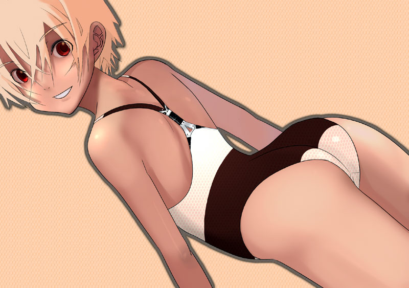 kiriman (souldeep), original, 1girl, arched back, ass, back, blonde hair, casual one-piece swimsuit, dutch angle, female focus, grin, leaning forward, looking back, one-piece swimsuit, orange background, orange hair, orange theme, pink hair, red eyes, short hair, simple background, smile, solo, swimsuit