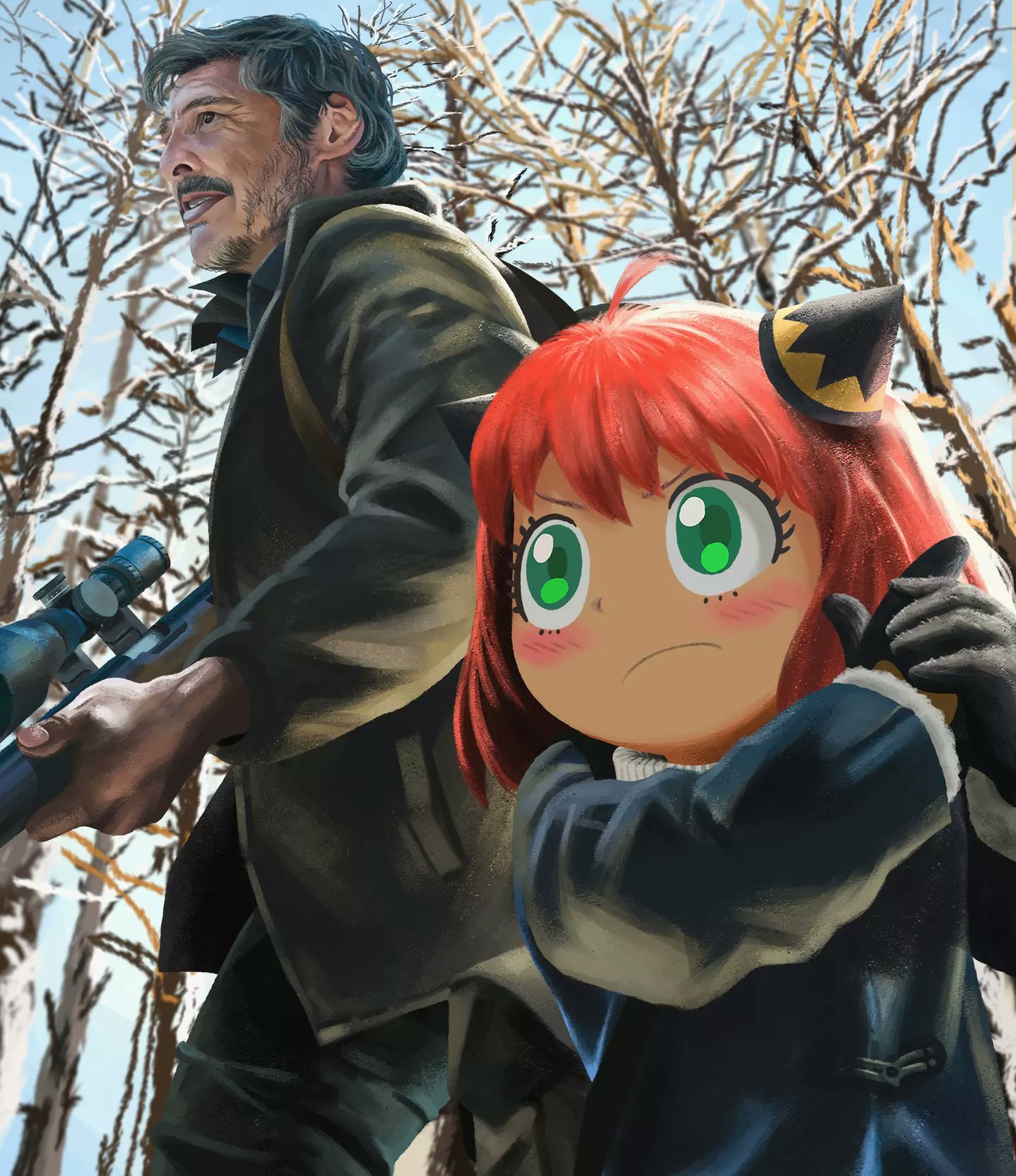 marathonman98, anya (spy x family), joel (the last of us), spy x family, the last of us, the last of us (series), commentary, english commentary, highres, 1boy, 1girl, ahoge, bear, black gloves, black hair, black jacket, black sleeves, closed mouth, cowboy shot, crossover, facial hair, finger gun, frown, gloves, green eyes, green pants, grey hair, gun, holding, holding gun, holding weapon, jacket, long sleeves, looking ahead, mustache, open mouth, outdoors, pants, parted bangs, parted lips, pink hair, rifle, scope, sniper rifle, teeth, tree, upper body, v-shaped eyebrows, weapon, winter