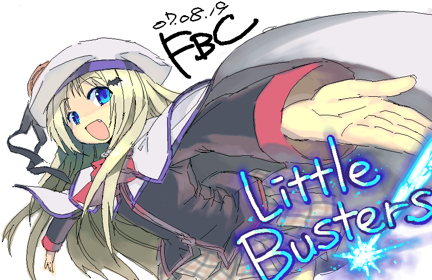 fbc, noumi kudryavka, little busters!, blue eyes, cape, fang, hat, long hair, outstretched arms, school uniform, serafuku, solo, spread arms