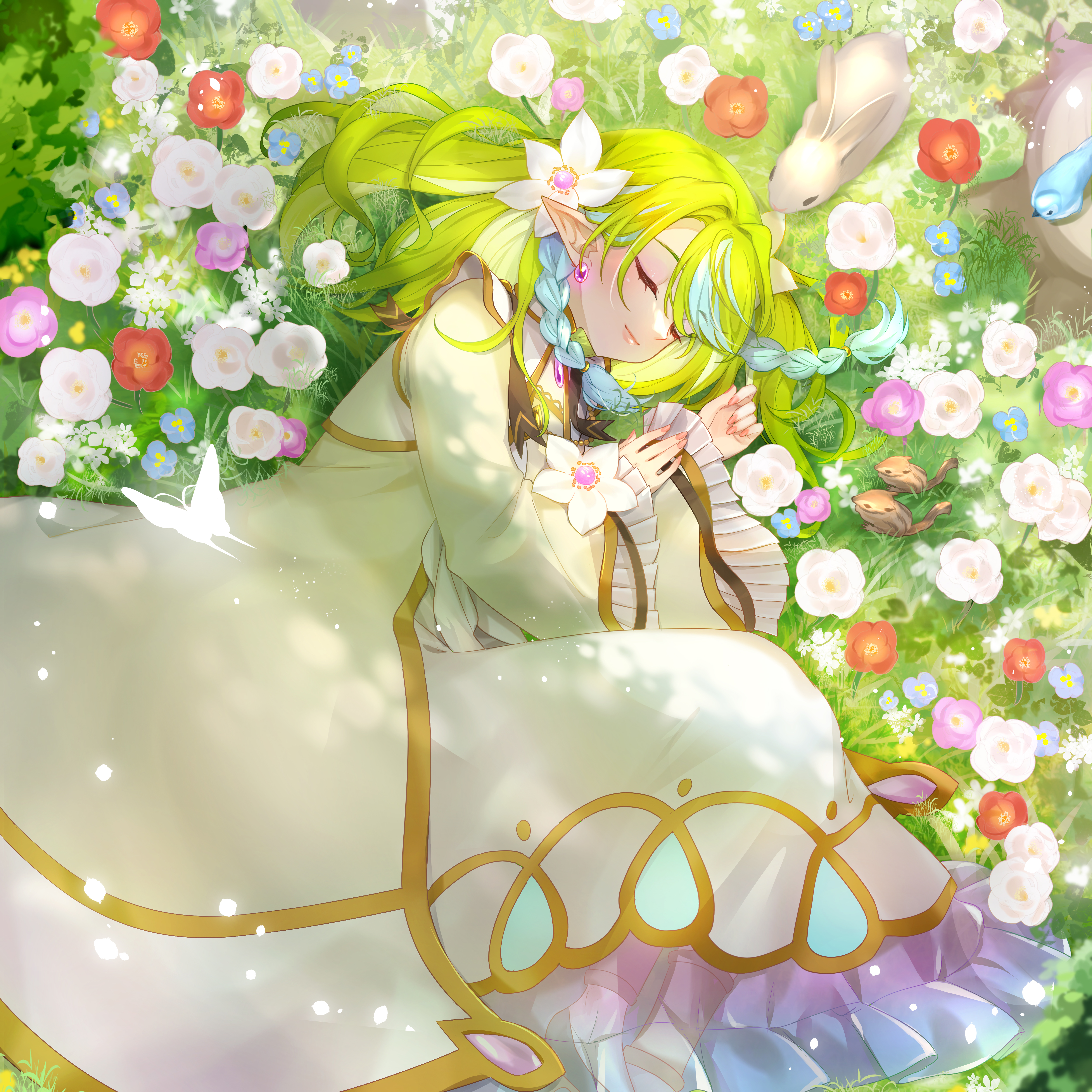 mamo (fortune-mm), original, absurdres, commentary request, highres, 1girl, blue flower, closed eyes, closed mouth, day, dress, feet out of frame, flower, frilled sleeves, frills, green hair, long hair, long sleeves, lying, on grass, on side, outdoors, pointy ears, purple flower, rabbit, red flower, smile, solo, tree stump, white dress, white flower, wide sleeves