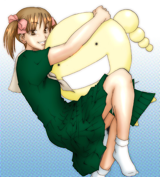 p.i.l., fukuzawa yumi, oryzae-tan, maria-sama ga miteru, moyashimon, 00s, 1girl, bow, brown eyes, brown hair, crossover, female focus, hair bow, hug, parted lips, pink bow, school uniform, serafuku, short twintails, smile, socks, solo, twintails, white socks