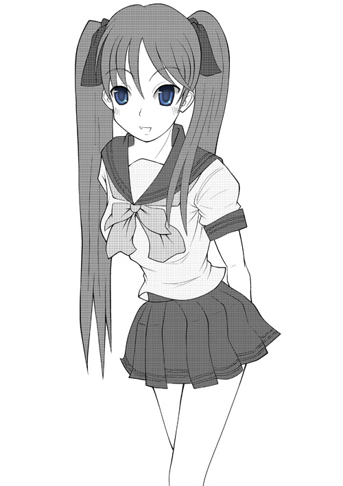 hiiragi kagami, lucky star, 00s, 1girl, female focus, greyscale, monochrome, school uniform, serafuku, solo