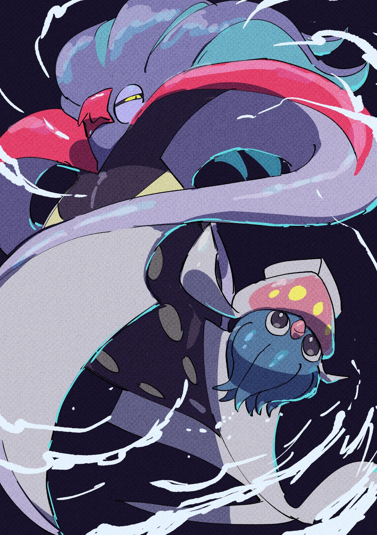 inkay, malamar, nintendo, pokemon, artist request, highres, beak, closed eyes, closed mouth, colored sclera, evolutionary line, floating, gen 6 pokemon, heart, looking at viewer, no humans, pokemon (creature), pokemon focus, smile, squid, tentacles, yellow eyes