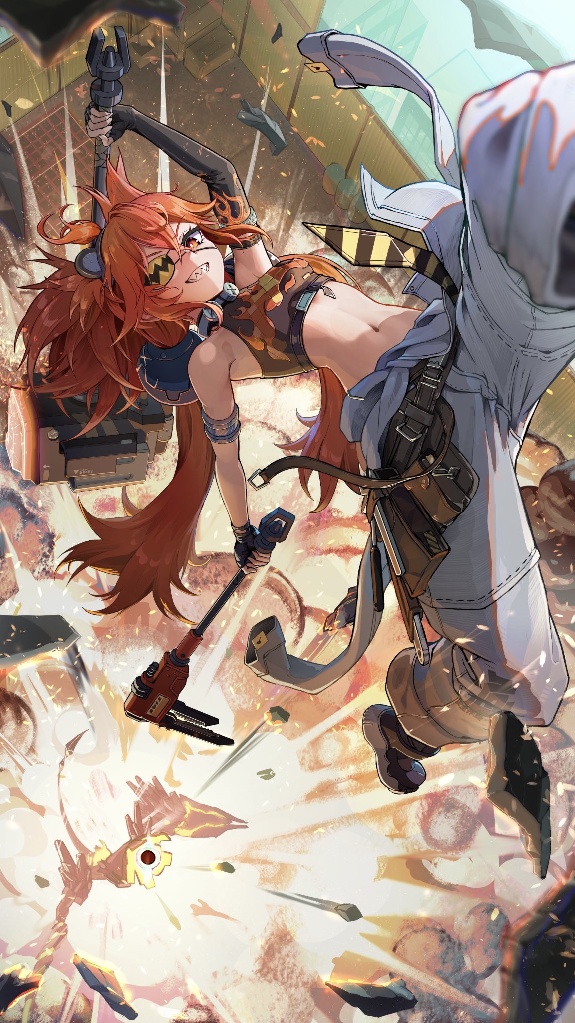 badman6050, koleda belobog, zenless zone zero, highres, 1girl, animal ears, armlet, baggy pants, black gloves, breasts, collar, crop top, explosion, eyepatch, fake animal ears, fingerless gloves, flame print, gloves, grin, hammer, holding, holding hammer, holding wrench, jewelry, long hair, looking at viewer, metal collar, midriff, navel, orange hair, pants, pouch, red eyes, sharp teeth, smile, solo, teeth, twintails, white pants, wrench