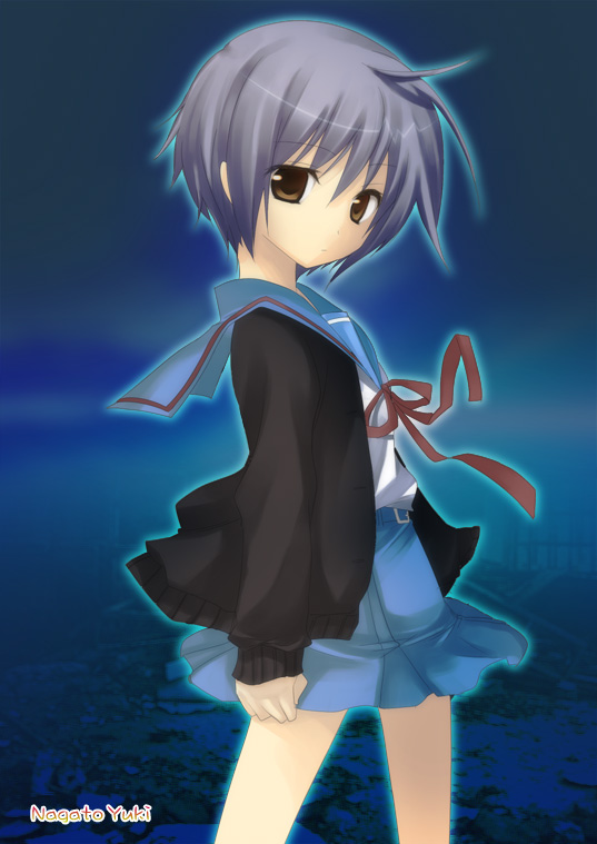 hizimiya suika, suimya, nagato yuki, suzumiya haruhi no yuuutsu, 00s, cardigan, school uniform, serafuku, solo