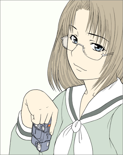 ogino atsushi, takeshima tsutako, maria-sama ga miteru, 00s, 1girl, black border, blue eyes, border, brown hair, camera, closed mouth, collarbone, female focus, glasses, green shirt, head tilt, holding, holding camera, long sleeves, looking at viewer, neckerchief, parted bangs, shirt, short hair, smile, solo, upper body, white neckerchief
