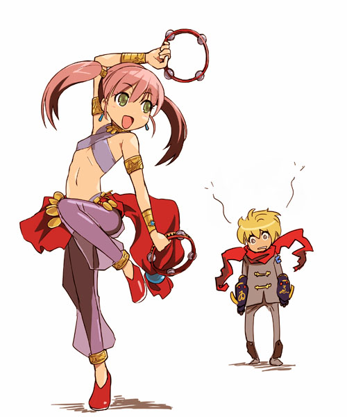 alchemist (sekaiju), alchemist 3 (sekaiju), bard (sekaiju), bard 2 (sekaiju), atlus, etrian odyssey, 1boy, 1girl, :d, anklet, armband, armlet, bare shoulders, bracelet, dancer, dancing, full body, green eyes, instrument, jewelry, midriff, navel, open mouth, pink hair, revealing clothes, simple background, smile, stomach, tambourine, twintails, white background