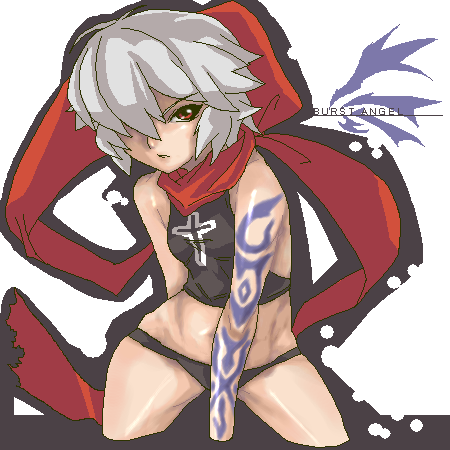 jo (bakuretsu tenshi), bakuretsu tenshi, lowres, 00s, 1girl, female focus, oekaki, red eyes, scarf, solo, tattoo