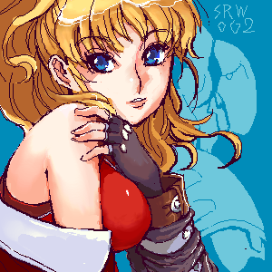 excellen browning, banpresto, super robot wars, lowres, 1girl, blonde hair, blue background, female focus, oekaki, solo