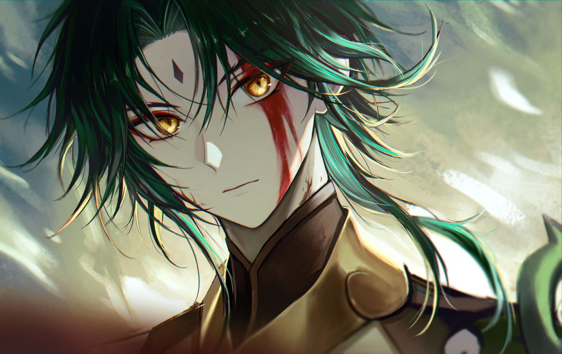 pponnya, xiao (genshin impact), genshin impact, commentary, highres, 1boy, brown shirt, closed mouth, eyeshadow, facial mark, forehead mark, green hair, long hair, looking at viewer, makeup, male focus, outdoors, parted bangs, portrait, red eyeshadow, shirt, solo, yellow eyes