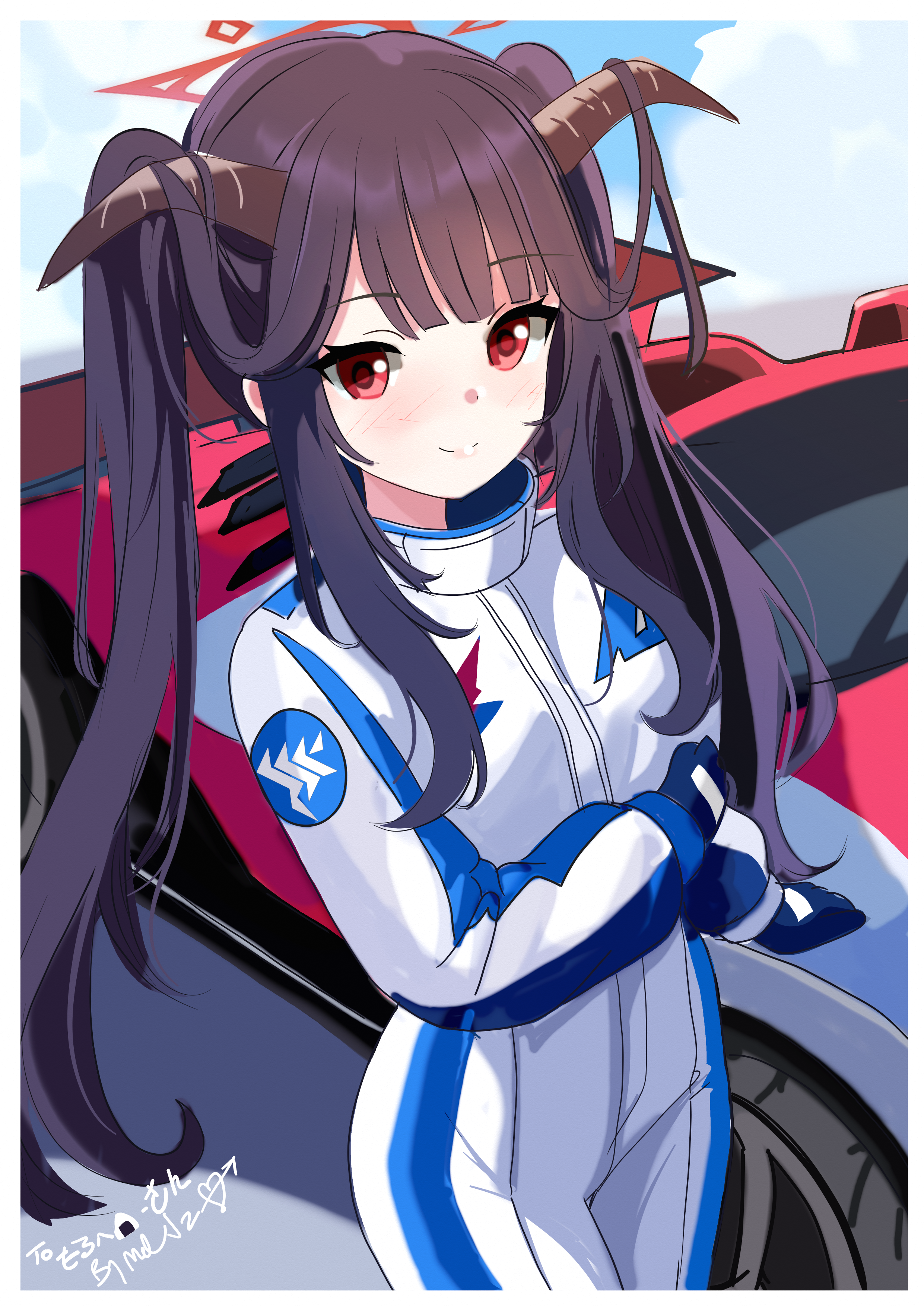 melissa v2, fuuka (blue archive), blue archive, absurdres, highres, 1girl, alternate costume, black hair, blush, car, closed mouth, demon girl, demon horns, halo, horns, jumpsuit, long hair, looking at viewer, motor vehicle, racing suit, red eyes, red halo, sidelocks, smile, solo, twintails, white jumpsuit
