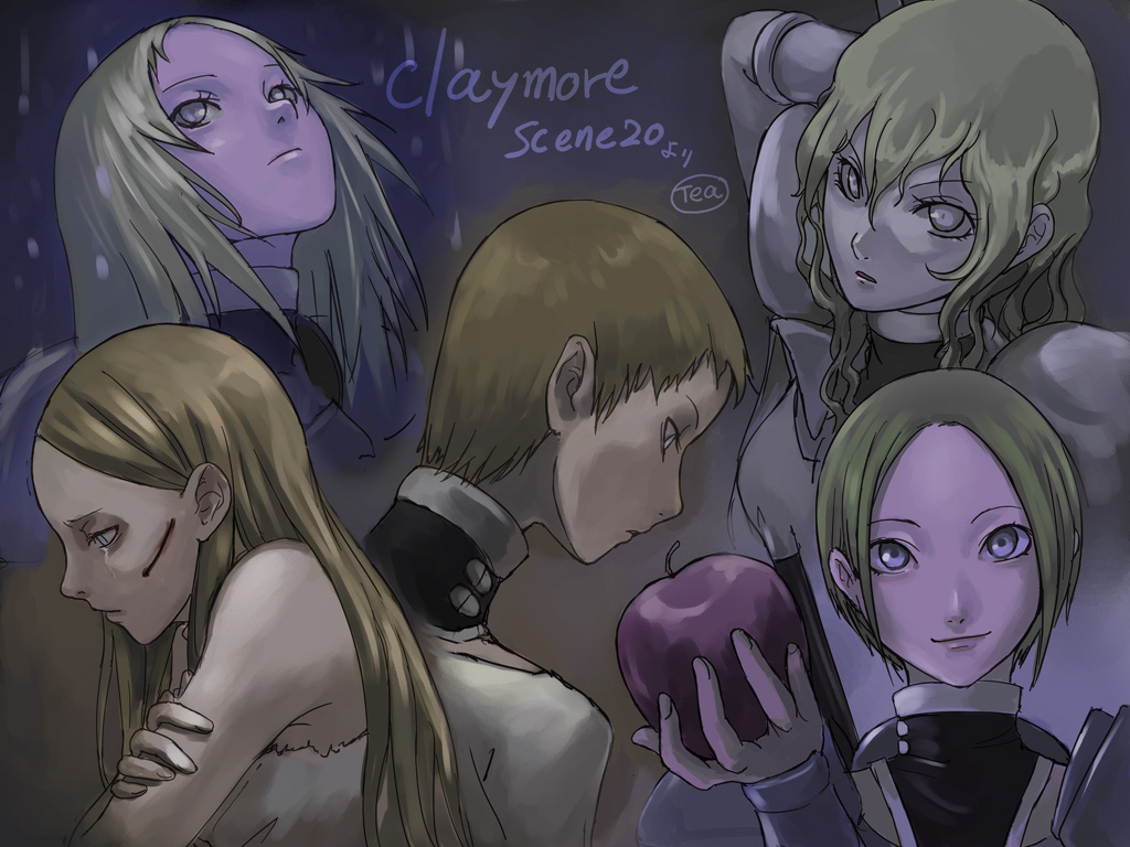 tea (nakenashi), deneve, flora (claymore), helen, miria, undine (claymore), claymore (series), 00s, 5girls, apple, blonde hair, blood, blue eyes, brown hair, food, fruit, grey eyes, holding, holding food, holding fruit, long hair, multiple girls, short hair, smile, tears