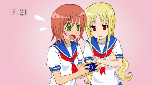 watanabe (artist), original, 2girls, blonde hair, blue sailor collar, flying sweatdrops, green eyes, holding, multiple girls, neckerchief, orange hair, pink background, red eyes, sailor collar, school uniform, serafuku, short hair, simple background, surprised, upper body