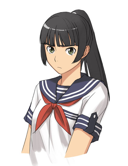 yizumi, original, 1girl, black hair, blunt bangs, blush, brown eyes, female focus, long hair, looking at viewer, neckerchief, ponytail, red ribbon, ribbon, school uniform, serafuku, shirt, short sleeves, simple background, solo, white background, white shirt