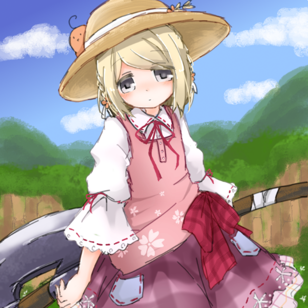 emil chronicle online, 1girl, 717ao, alternate costume, axe, blonde hair, braid, grey eyes, hat, holding, holding axe, looking at viewer, pink shirt, pink skirt, red ribbon, ribbon, shirt, skirt, solo, starler alma, straw hat, white shirt