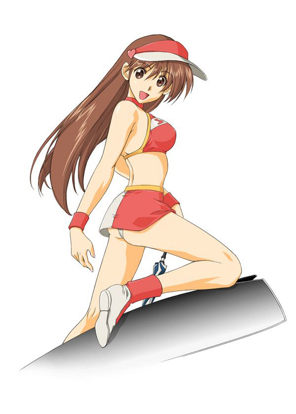 onaya masakazu, sugou asuka, future gpx cyber formula, 1990s (style), 1girl, bikini, brown hair, female focus, happy, long hair, looking at viewer, looking to the side, microskirt, midriff, miniskirt, panties, pantyshot, race queen, retro artstyle, simple background, skirt, smile, solo, swimsuit, underwear, white background, white panties